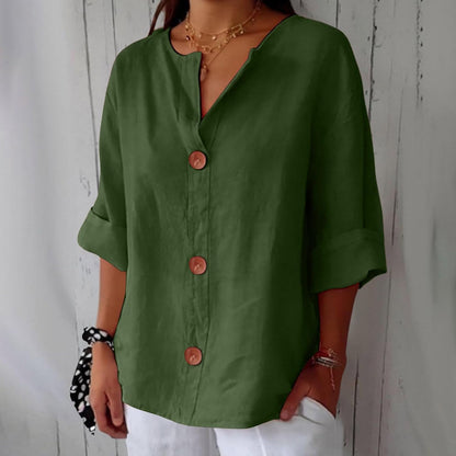 Linen Cotton Button-Front Blouse – V-Neck Relaxed Fit