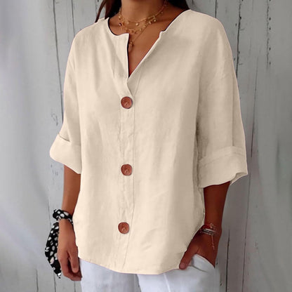 Linen Cotton Button-Front Blouse – V-Neck Relaxed Fit