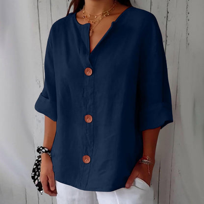 Linen Cotton Button-Front Blouse – V-Neck Relaxed Fit