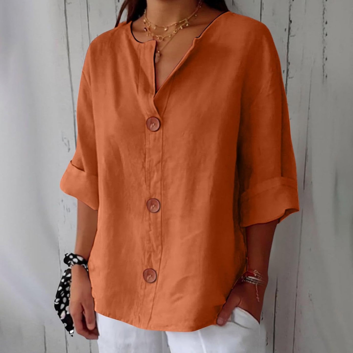 Linen Cotton Button-Front Blouse – V-Neck Relaxed Fit