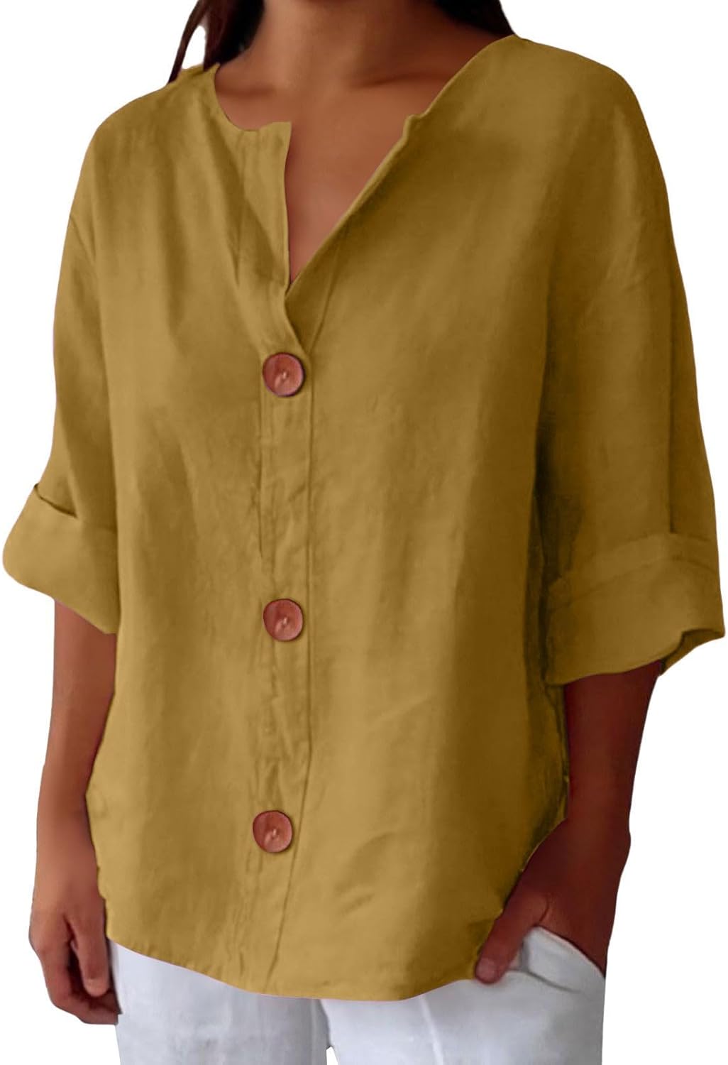 Linen Cotton Button-Front Blouse – V-Neck Relaxed Fit