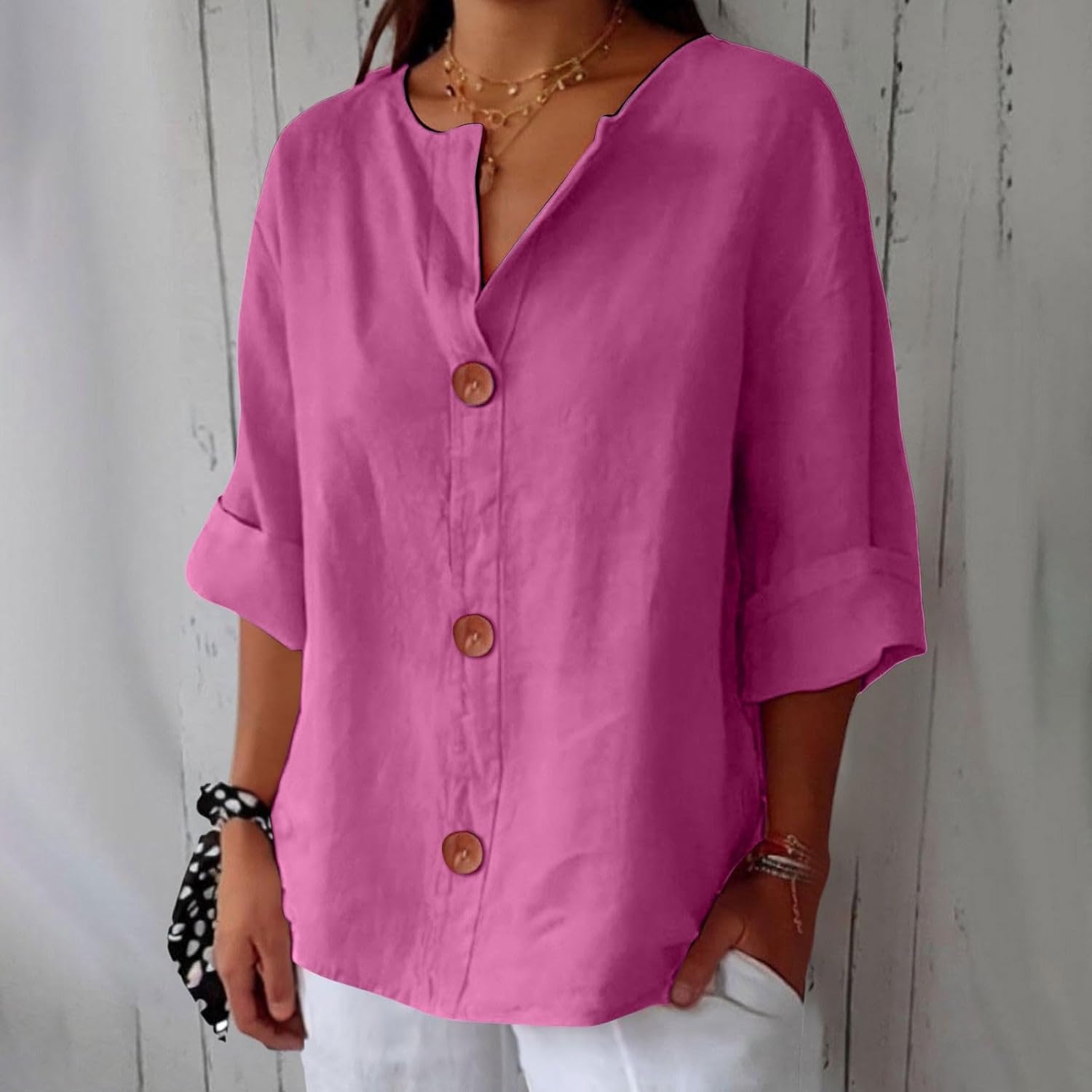 Linen Cotton Button-Front Blouse – V-Neck Relaxed Fit