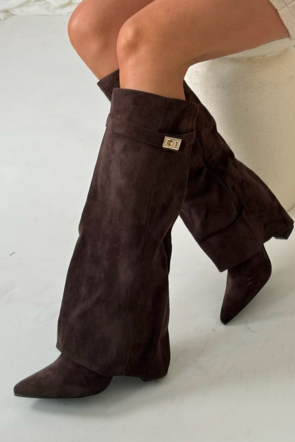 Fold-Over Knee-High Boots – Pointed Toe Gold Lock Detail