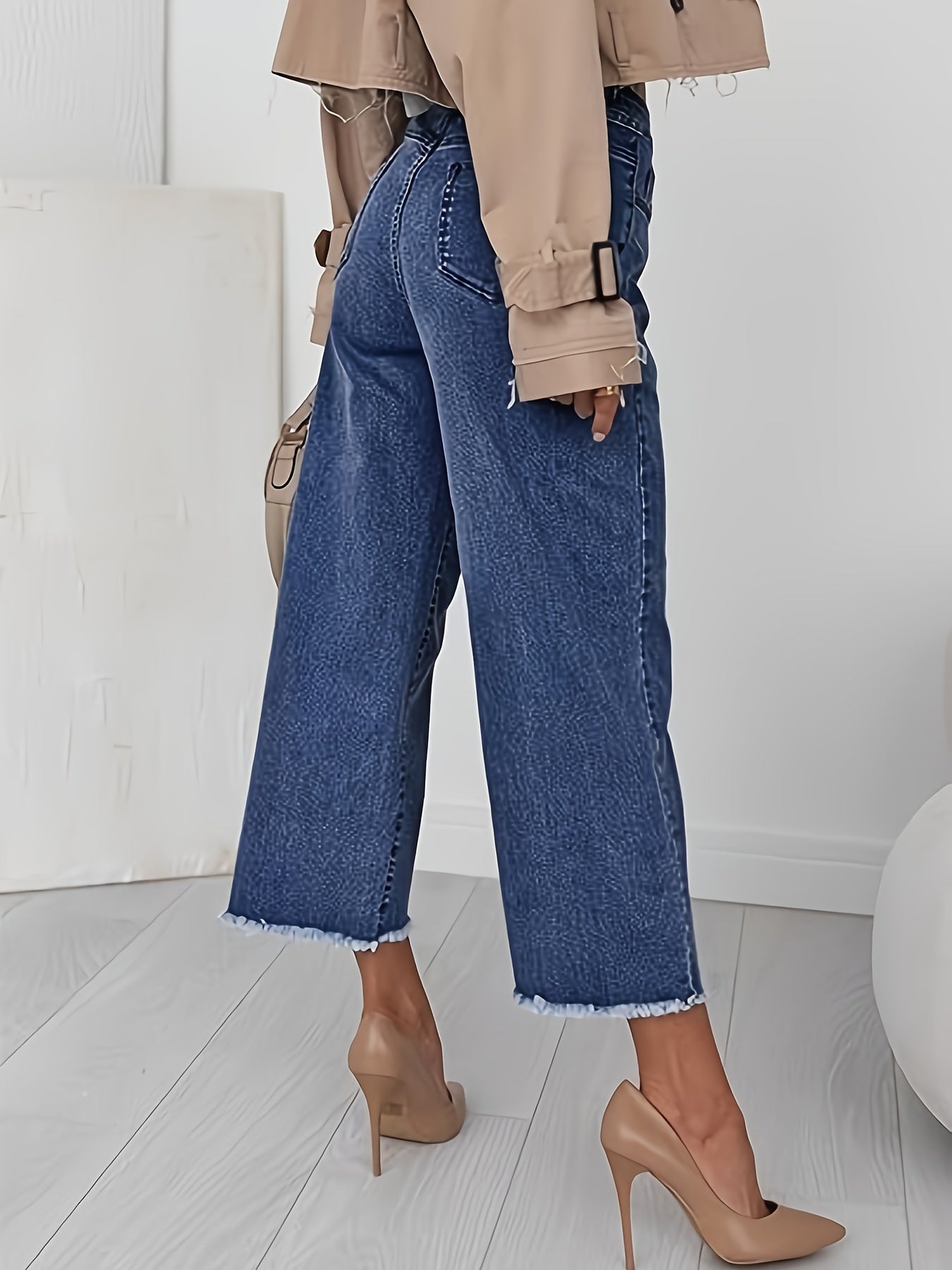 High Waist Wide Leg Cropped Jeans – Raw Hem Dark Wash Denim