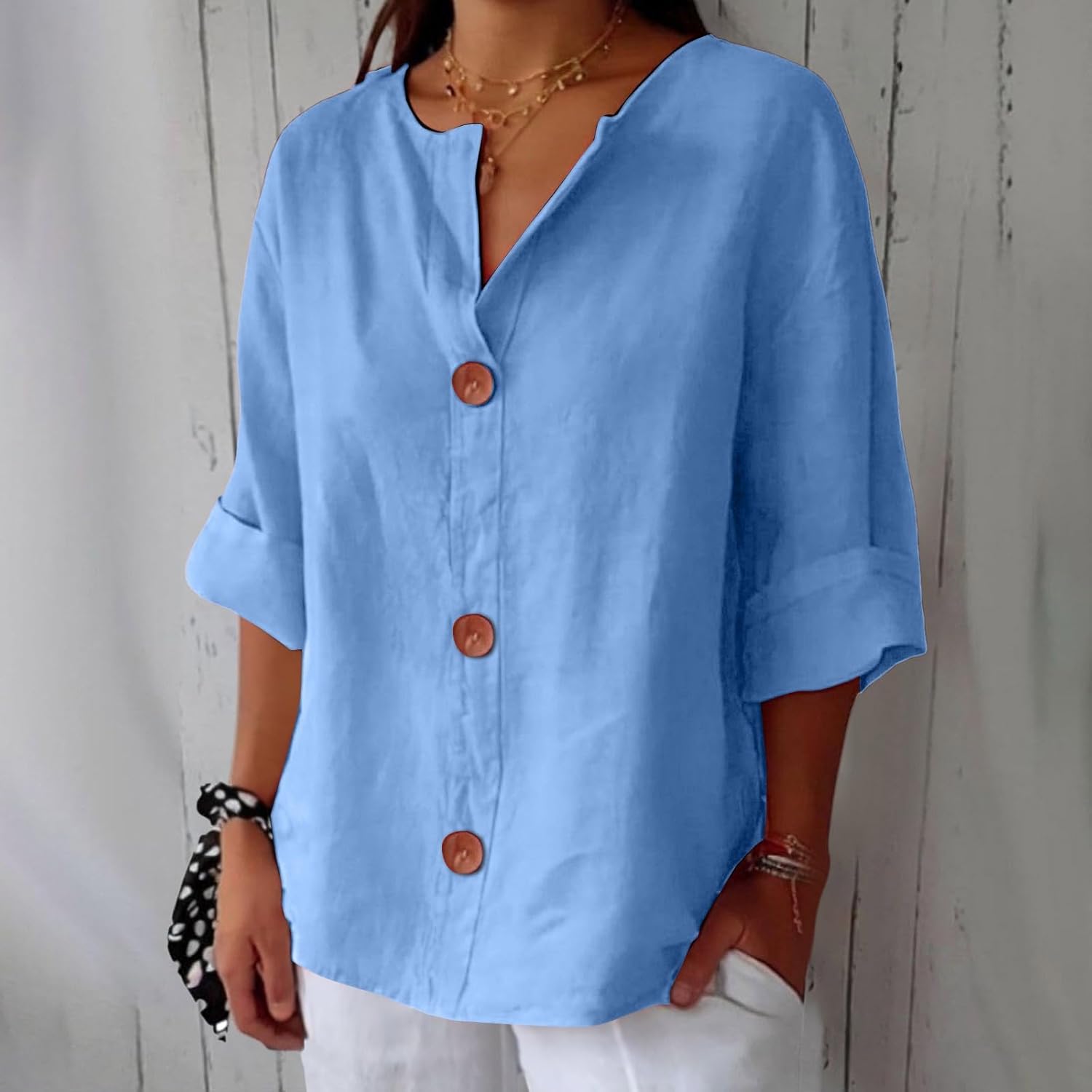 Linen Cotton Button-Front Blouse – V-Neck Relaxed Fit
