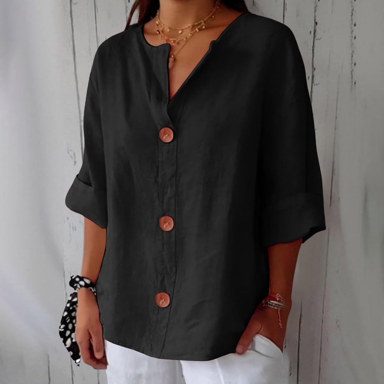 Linen Cotton Button-Front Blouse – V-Neck Relaxed Fit