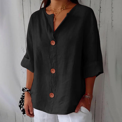 Linen Cotton Button-Front Blouse – V-Neck Relaxed Fit