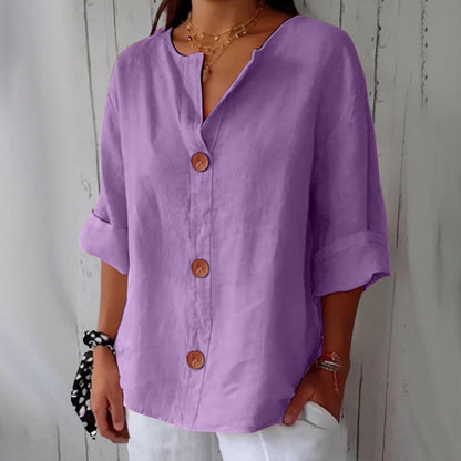 Linen Cotton Button-Front Blouse – V-Neck Relaxed Fit
