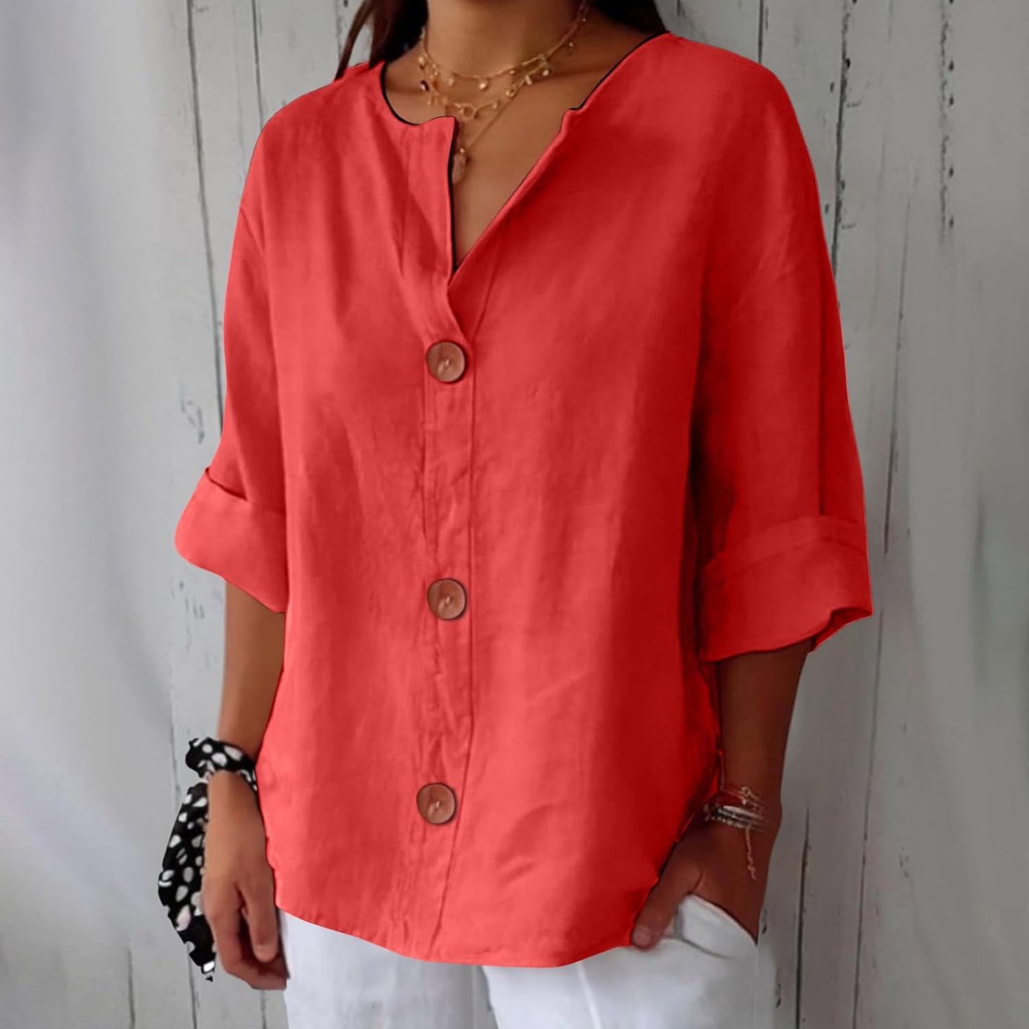 Linen Cotton Button-Front Blouse – V-Neck Relaxed Fit