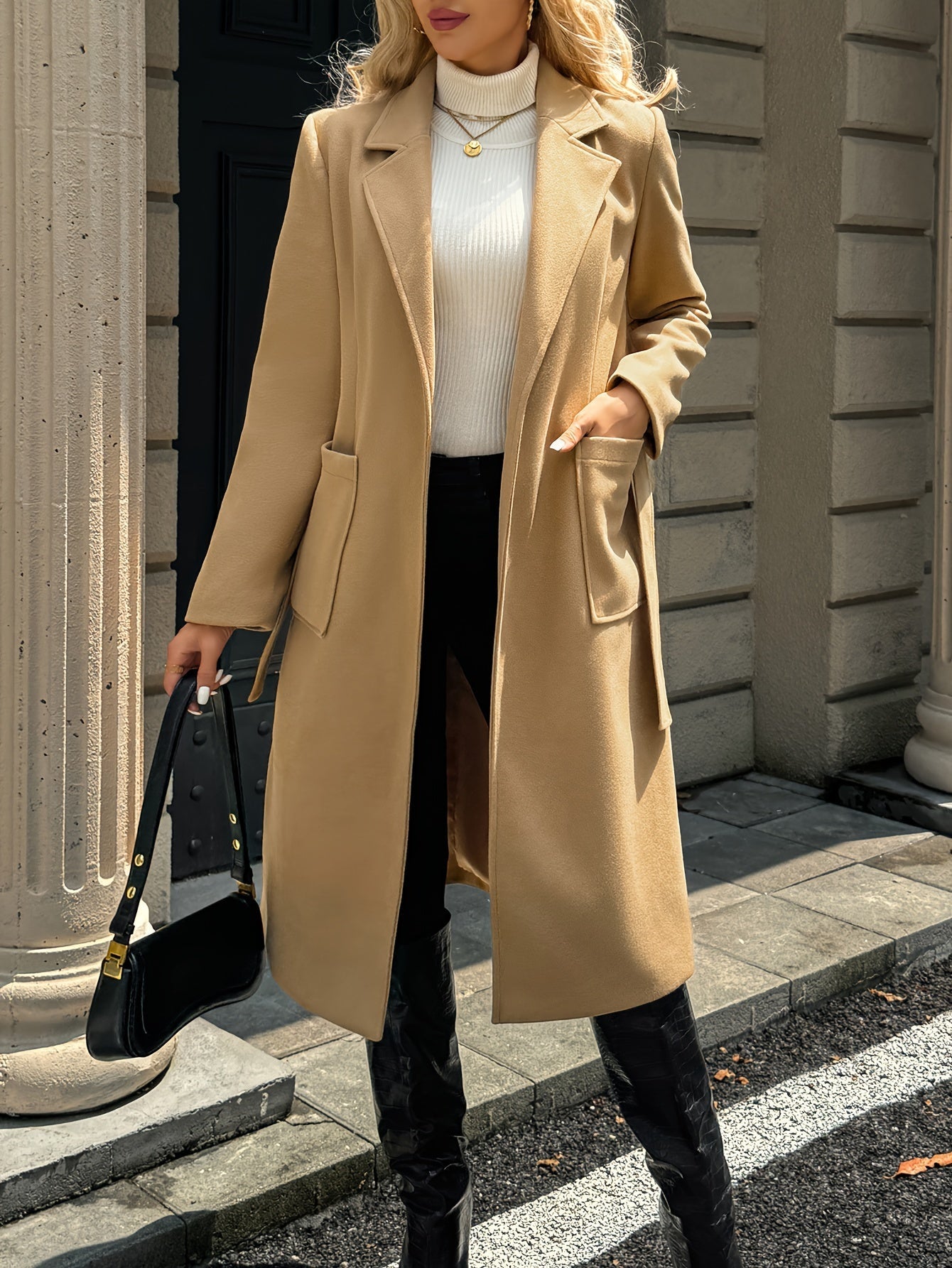 Belted Wool-Blend Long Coat – Lapel Wrap Camel Overcoat