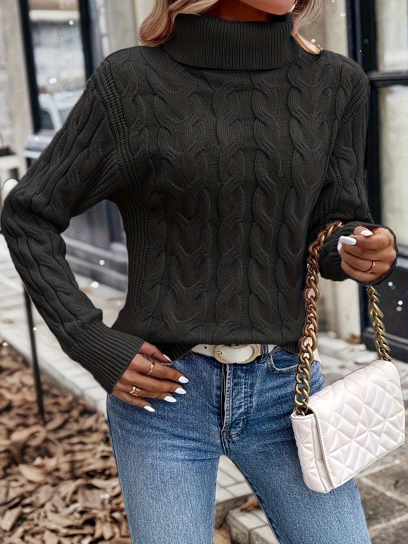 Cable Knit Turtleneck Sweater – Women's Long Sleeve Pullover