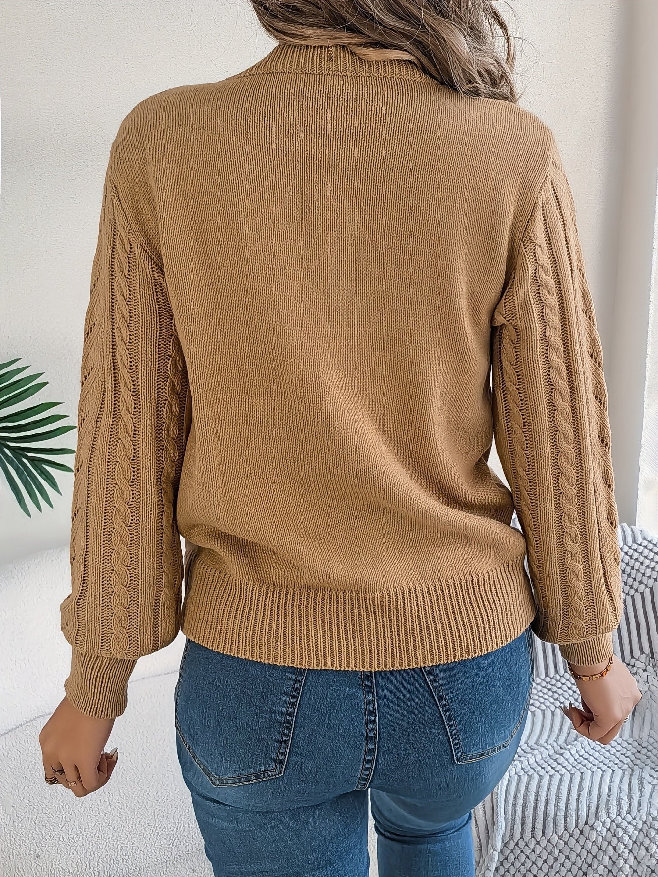 Cable Knit Openwork Pullover Sweater – Crewneck Long Sleeve Relaxed Fit