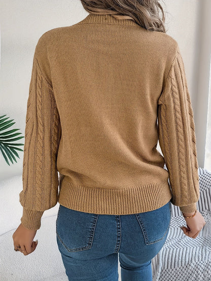 Cable Knit Openwork Pullover Sweater – Crewneck Long Sleeve Relaxed Fit