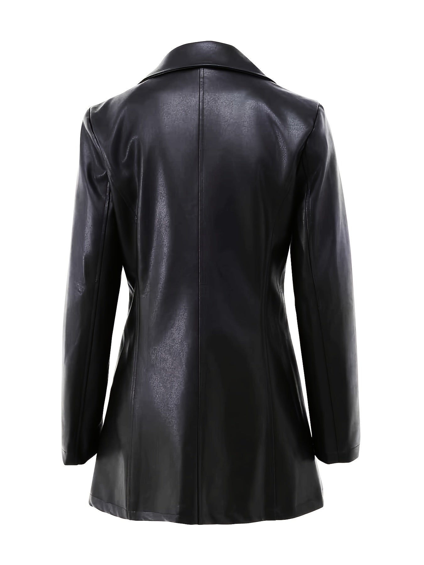 Black Faux Leather Trench Coat – Single-Breasted Mid-Length Slim Fit