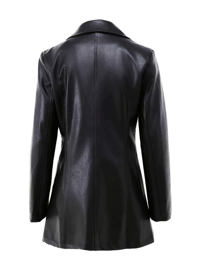 Black Faux Leather Trench Coat – Single-Breasted Mid-Length Slim Fit