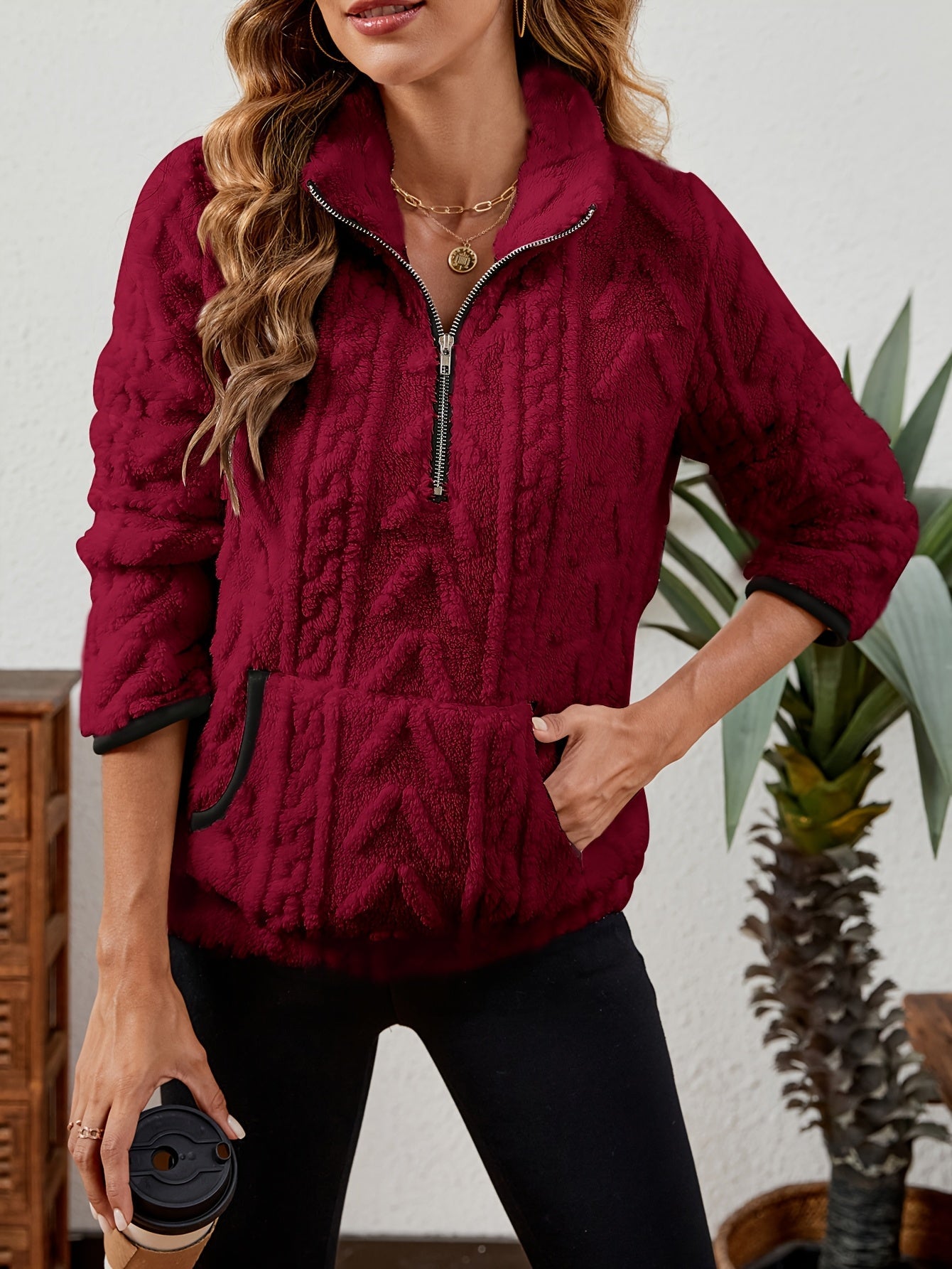 Sherpa Fleece Half-Zip Pullover – Textured Long Sleeve with Kangaroo Pocket