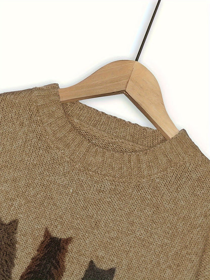 Cat Print Knit Pullover Sweater – Crewneck Relaxed Fit Long Sleeve