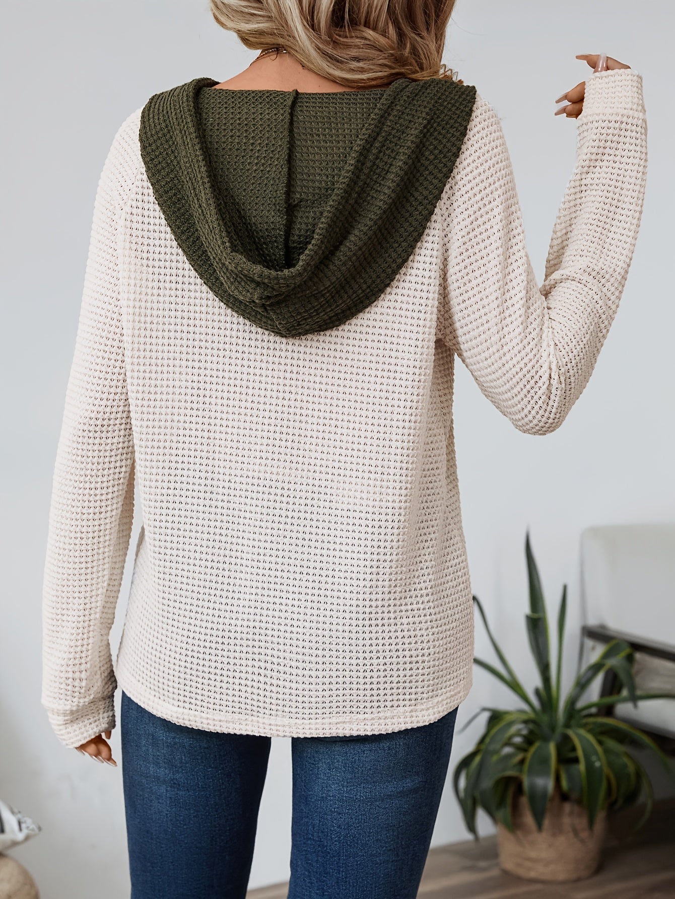 Waffle Knit Hoodie Top – Color Block Henley Long Sleeve