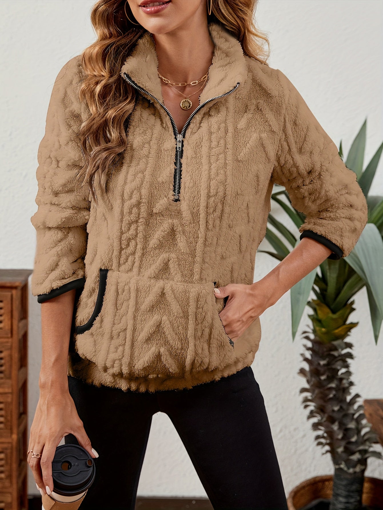 Sherpa Fleece Half-Zip Pullover – Textured Long Sleeve with Kangaroo Pocket
