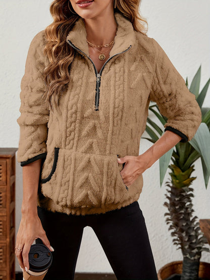 Sherpa Fleece Half-Zip Pullover – Textured Long Sleeve with Kangaroo Pocket