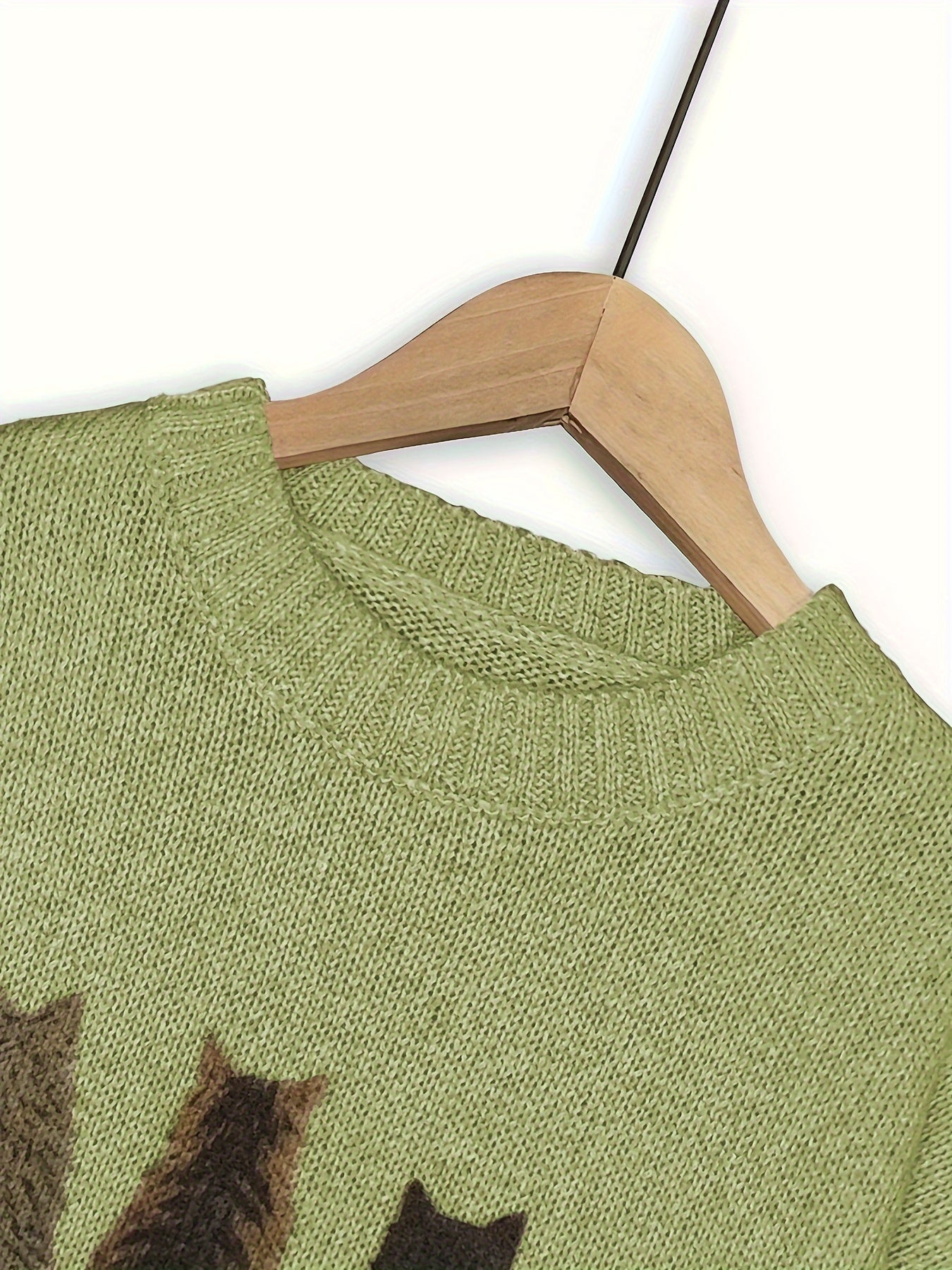 Cat Print Knit Pullover Sweater – Crewneck Relaxed Fit Long Sleeve