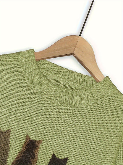 Cat Print Knit Pullover Sweater – Crewneck Relaxed Fit Long Sleeve