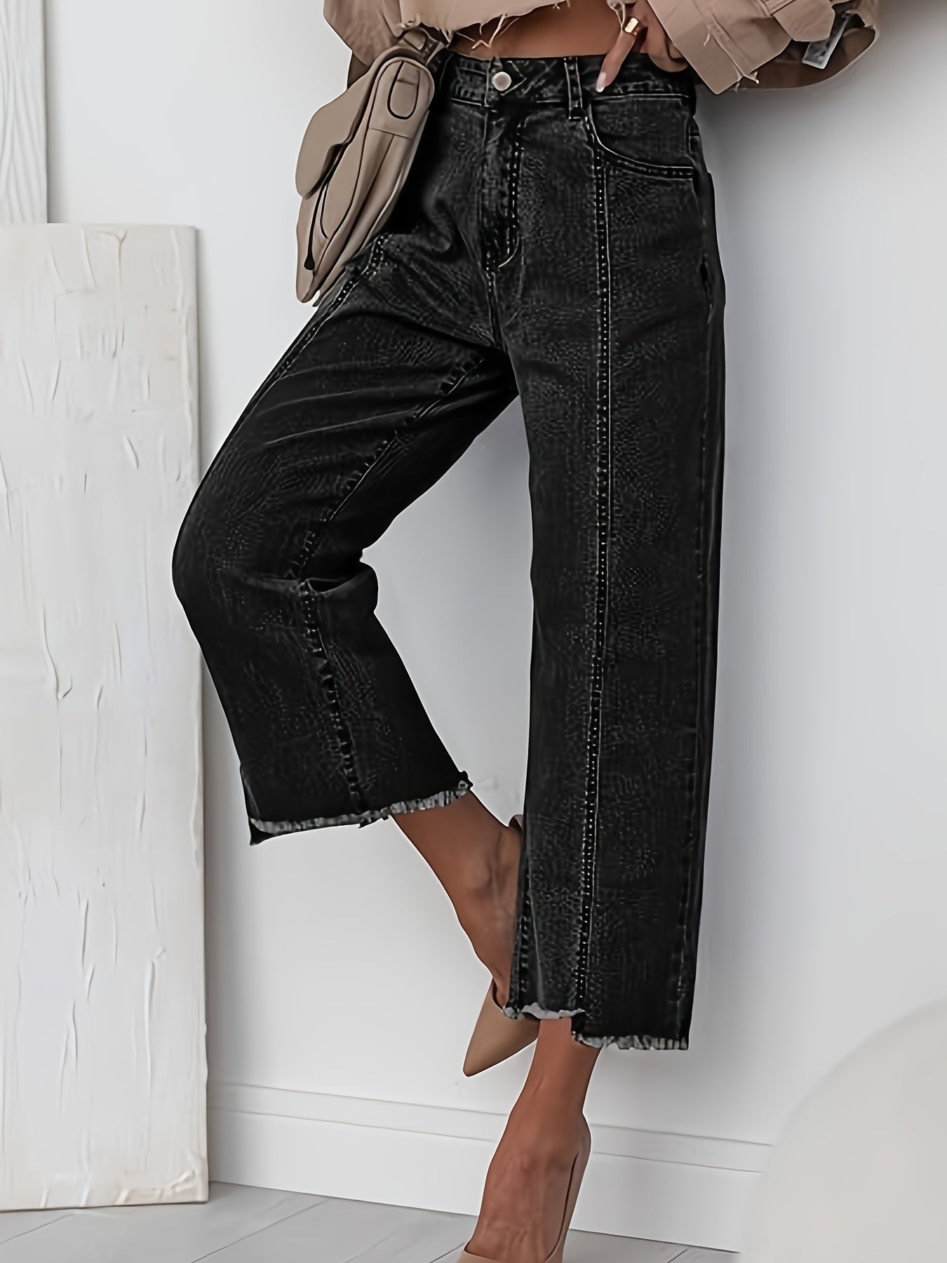 High Waist Wide Leg Cropped Jeans – Raw Hem Dark Wash Denim