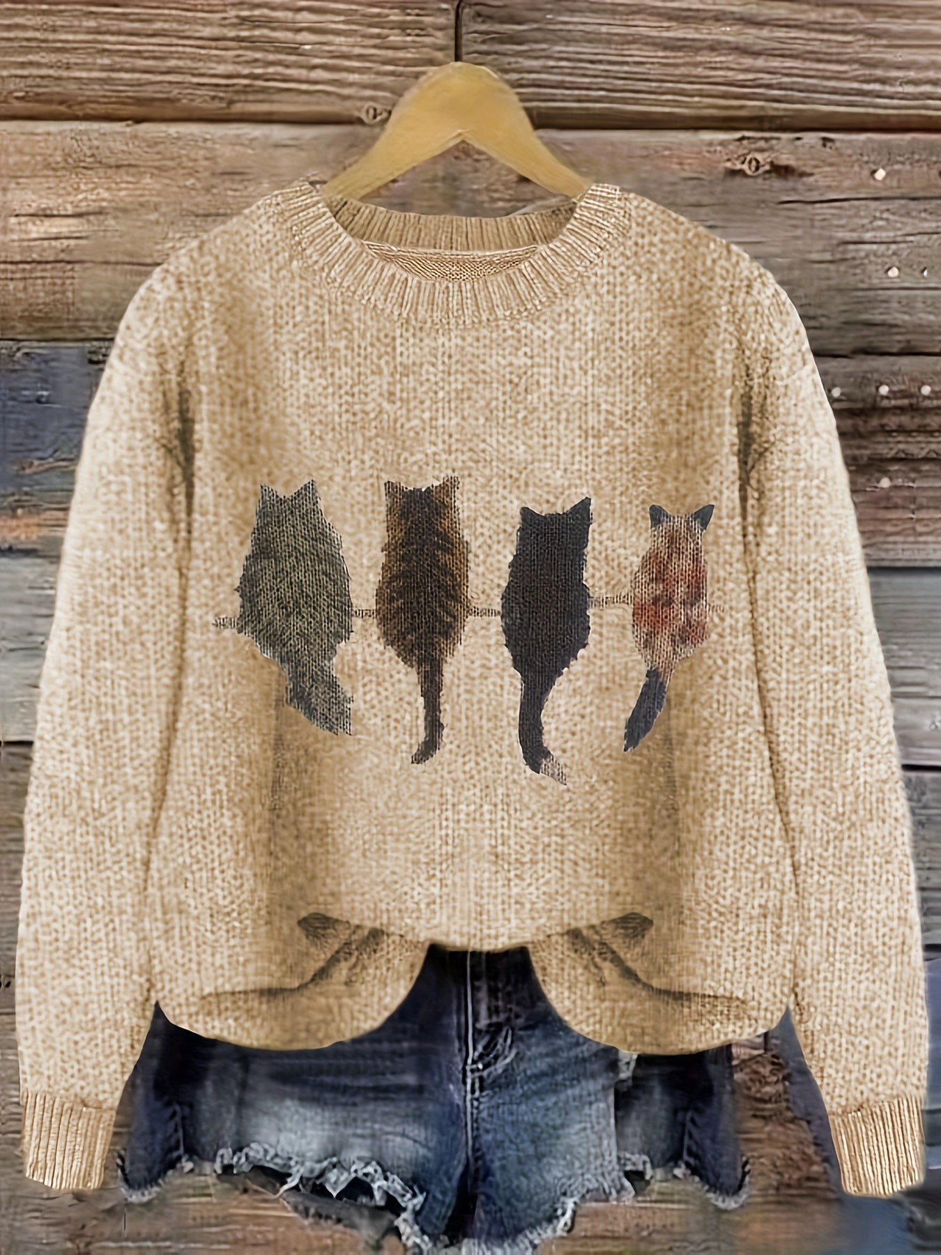 Cat Print Knit Pullover Sweater – Crewneck Relaxed Fit Long Sleeve