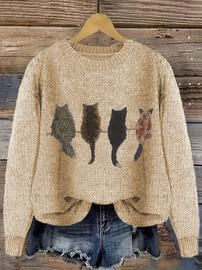 Cat Print Knit Pullover Sweater – Crewneck Relaxed Fit Long Sleeve