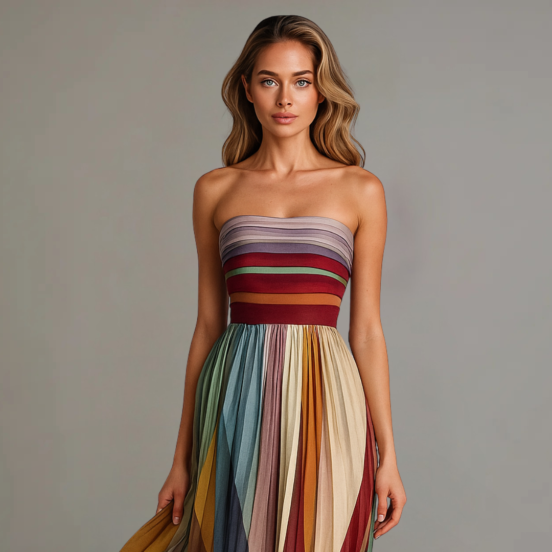 Strapless Pleated Maxi Dress – Multicolor Striped Flowy Summer Dress