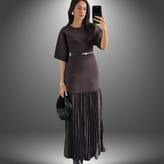 Pleated Maxi Dress – Short Sleeve Belted Mixed Texture