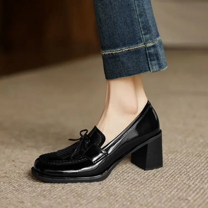 Patent Leather Tassel Loafer Pumps – Block Heel Round Toe