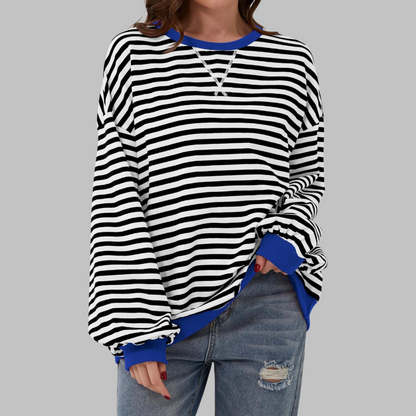 Striped Oversized Crewneck Sweatshirt – Colorblock Cuffs Relaxed Pullover