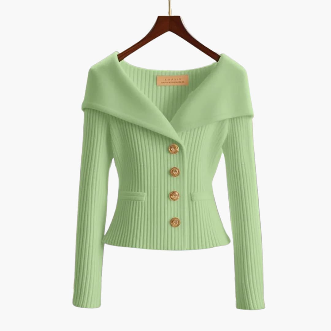 Off-Shoulder Ribbed Knit Cardigan – Button-Front Cropped Top