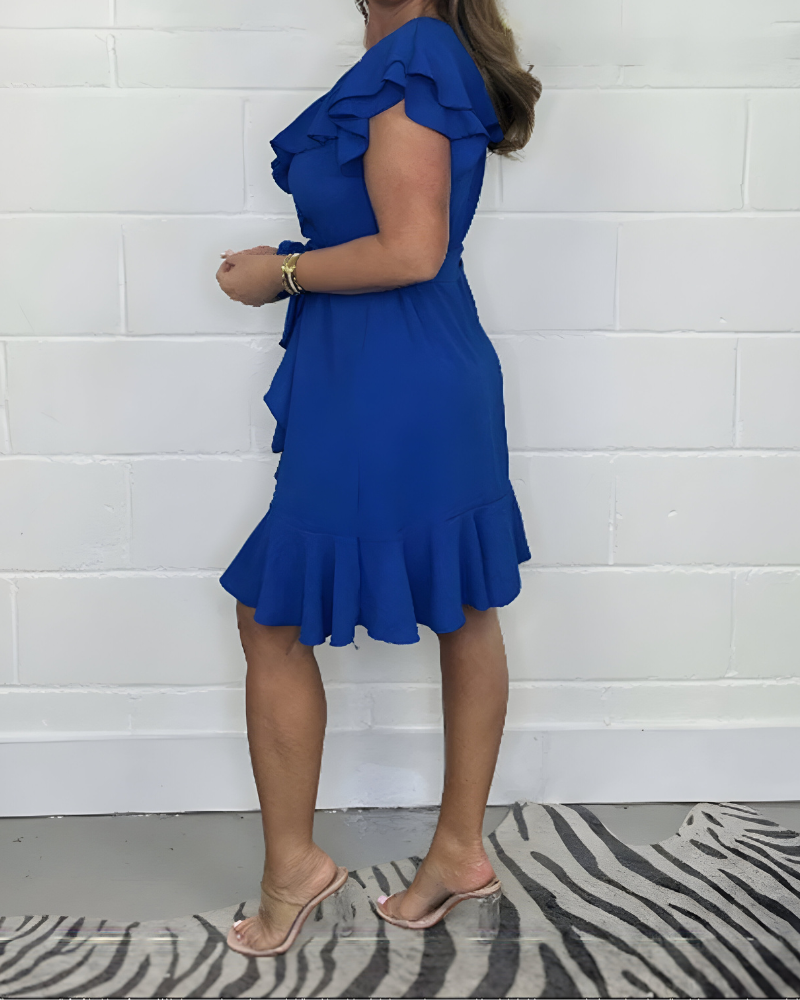 Ruffle Wrap Mini Dress – V-Neck Belted Summer Dress