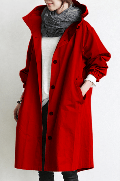 Button-Front Hooded Rain Coat – Knee-Length Loose Fit
