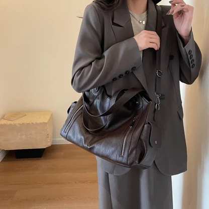 Vegan Leather Shoulder Bag – Large Multi-Pocket Crossbody Tote
