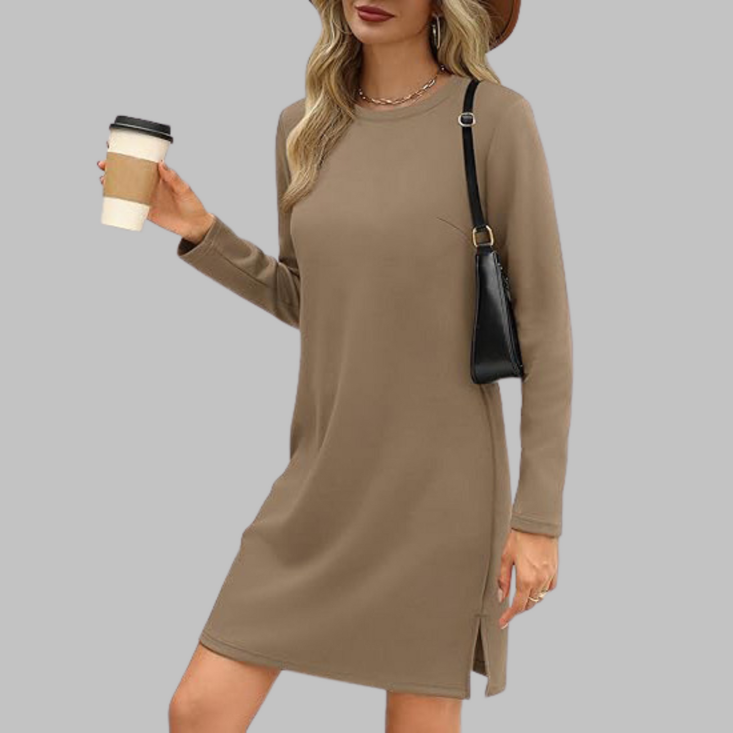 Long Sleeve Crewneck T-Shirt Dress – Slim Fit Casual Mini Dress