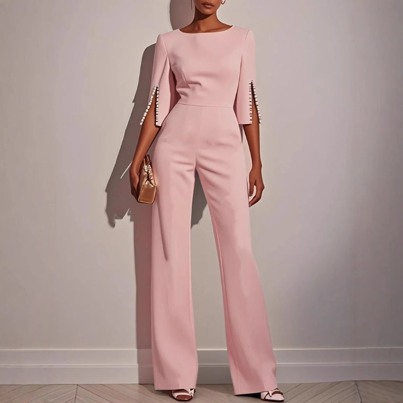 Wide-Leg Formal Jumpsuit – Boat Neck Split Sleeve Pearl Detail