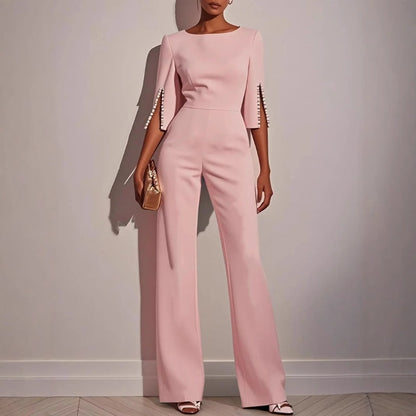 Wide-Leg Formal Jumpsuit – Boat Neck Split Sleeve Pearl Detail