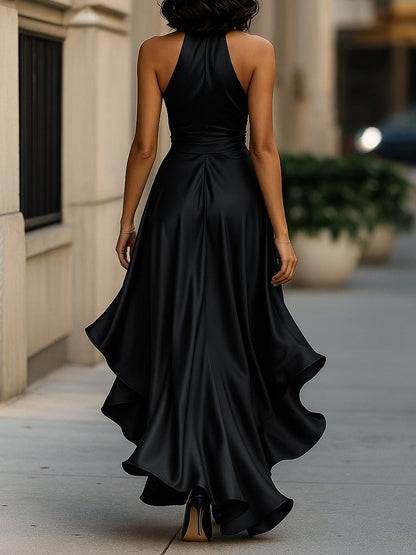 Women's Satin Halter Dress – High Low Ruffle Skirt Formal Evening Dress