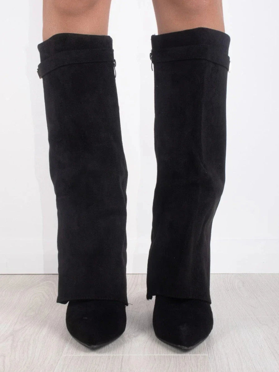 Suede Fold-Over Knee High Boots – Pointed Toe Gold Clasp