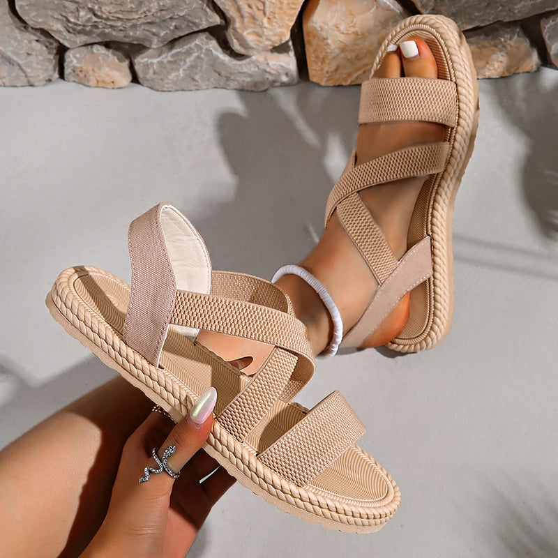 Elastic Strap Espadrille Flatform Sandals – Cross-Band Open Toe Summer