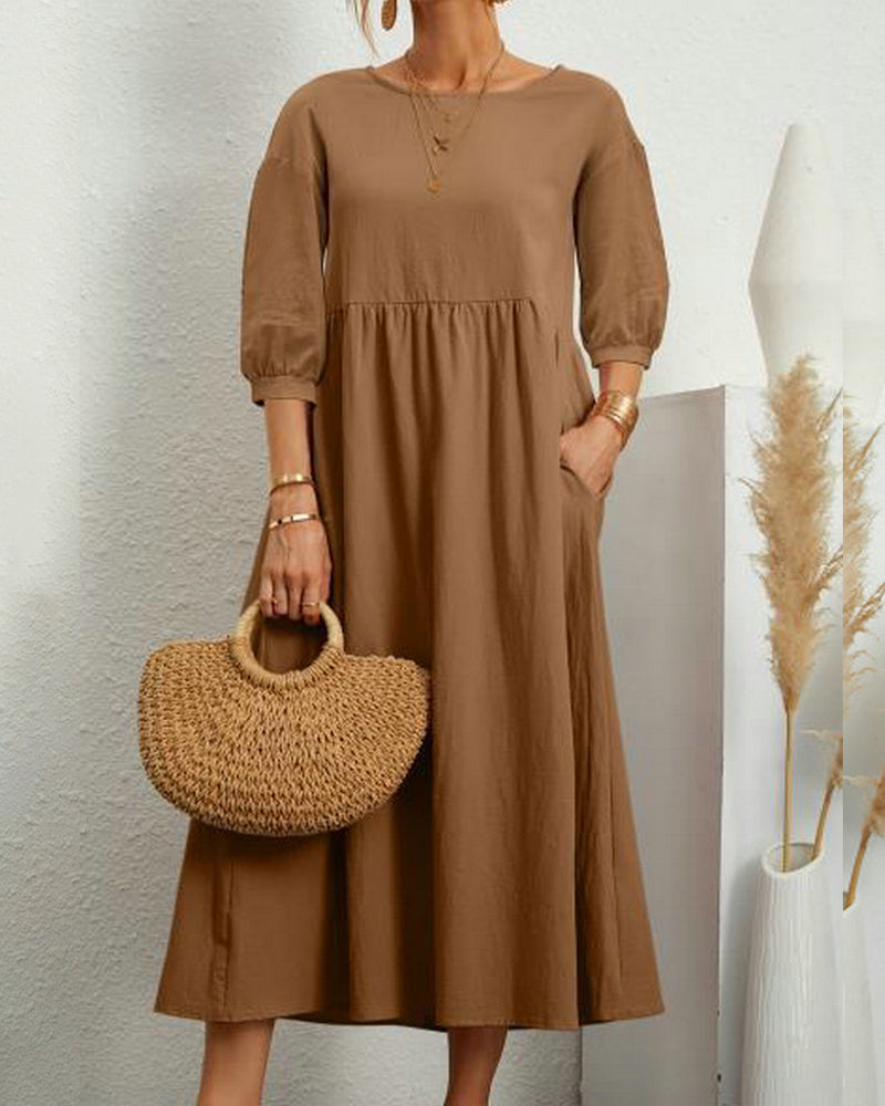 Smocked Waist Midi Dress – Puff Sleeve Round Neck A-Line