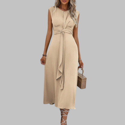 Sleeveless Tie Waist Maxi Dress – A-Line Round Neck Dress