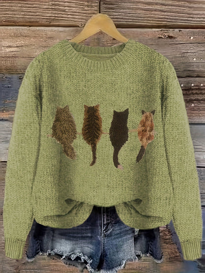Cat Print Knit Pullover Sweater – Crewneck Relaxed Fit Long Sleeve