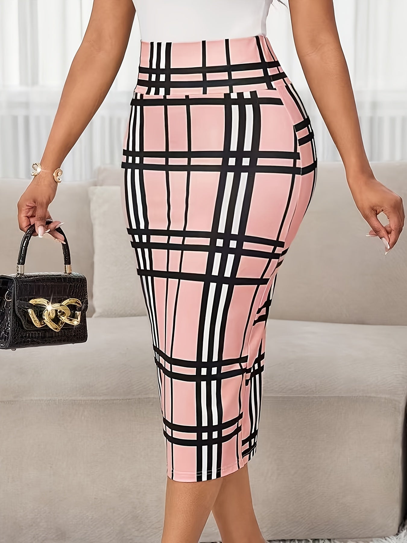 High-Waist Plaid Pencil Skirt – Bodycon Midi Work Skirt