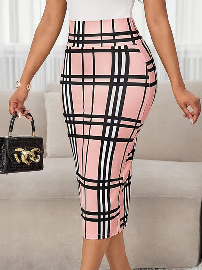 High-Waist Plaid Pencil Skirt – Bodycon Midi Work Skirt