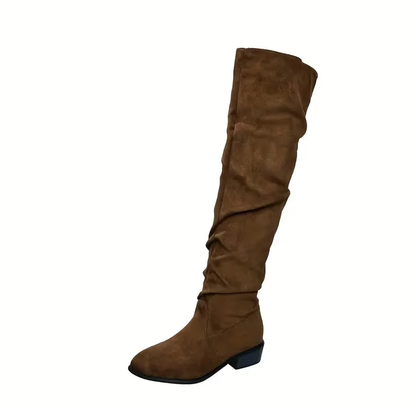 Faux Suede Over-the-Knee Slouch Boots – Block Heel Slip-On