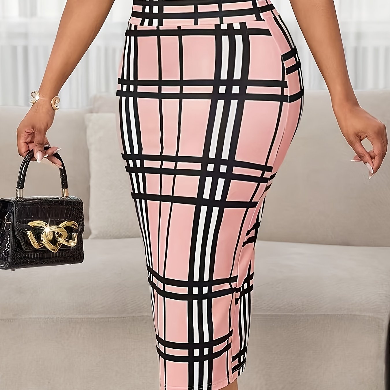 High-Waist Plaid Pencil Skirt – Bodycon Midi Work Skirt